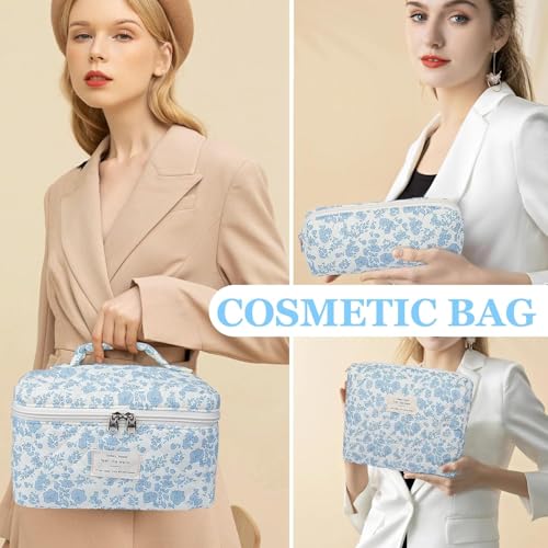 Image of Lyrovo Makeup Organizer Cosmetic Bag Quilted Large Floral Make Up Organize Set for Women Flower Travel Toiletry Bag (Blue-White)