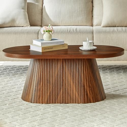 Fluted Coffee Table with Sturdy Tapered Base, Wood Oval Small Coffee Table, Mid Century Modern Center Table for Living Room Office (Walnut 1)