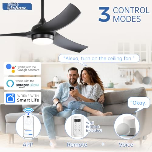 Image of Sofucor 52 Inch Smart Modern Ceiling Fan with Light, Black 3 ABS Blades | Alexa /Google Assistant /APP /Remote Control, Reversible DC Motor, Timer, 6 Speeds, 3-CCT for Living Room Bedroom Patio