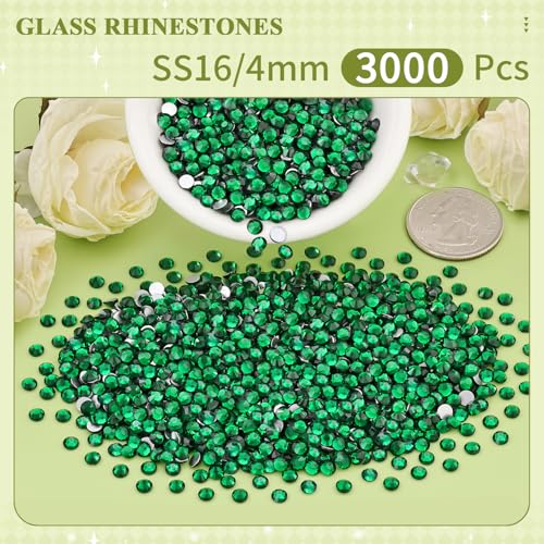 Image of 3000PCS SS16 /4mm Crystal Glass Rhinestones for Bedazzling (Emerald Green) | Flatback Rhinestones for Crafting DIY Nail Art Makeup Decoration, Gems Diomand Charms for Tumbler Shoes Clothing Mug
