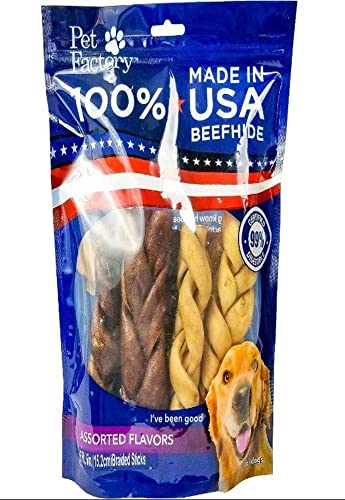 Pet Factory 100% Made in USA Beefhide 6" Braided Sticks Dog Chew Treats - Beef & Chicken Flavor, 6 Count/1 Pack