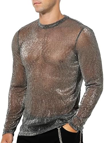 Arjen Kroos Men’s Glitter Mesh Shirts See Through Shiny T Shirt Sexy Long Sleeve Party Rave Disco Top Tee