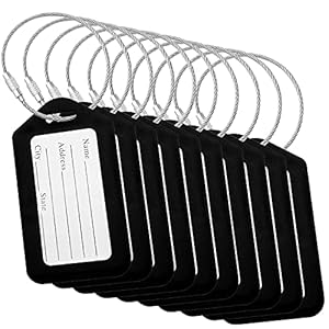 Luggage Tags (Small, Black, 10 PK) – Suitcase Tags w/Name ID Card & Heavy-Duty Metal Wire Loops – Bright Colored PVC Tags for Travel Baggage – Backpack Name Labels