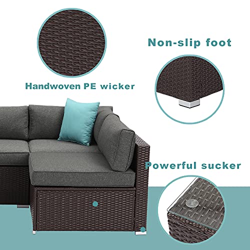 Cosiest 5-Piece Outdoor Patio Furniture Chocolate Brown Wicker Executive Sectional Sofa W Dark Grey Thick Cushions, Glass-Top Coffee Table, 2 Turquoise Pillows Incl. Waterproof Cover, Clips #TOP4