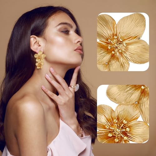 Large Gold Flower Earrings For Women Gold Double Flower Statement Earrings Elegant Boho Floral Earring For Women Trendy Boho Jewelry For Mother'S Day Wedding Birthday Christmas4