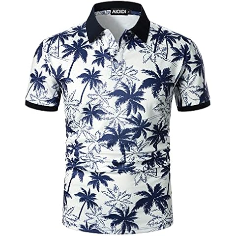 AIOIDI Men's Short Sleeve Coconut Print Polo Shirt Hawaiian Holiday T-Shirt,A-Blue,S Cover