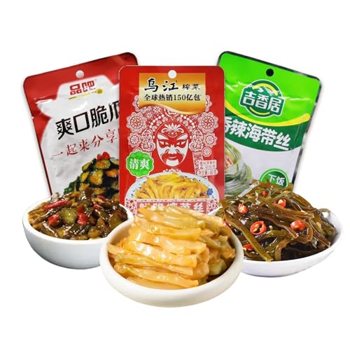 Zhacai Pickled (215g/7.77oz,3Packs/Bag) Si Chuan Zha Cai For Sushi Chinese zhacai for Rice Bowls Si Chuan sui mi ya cai for Ramen Chinese Pickles Variety Set Pickled Cucumber, Radish,Kelp Pickles