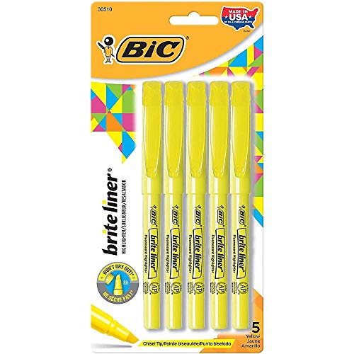 BIC Brite Liner Highlighters, Chisel Point, Yellow, 5-Pack