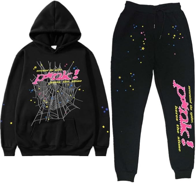 Spider Web Graphic Sweatsuit Set, 2 Piece Hoodie and Joggers, Black and Blue