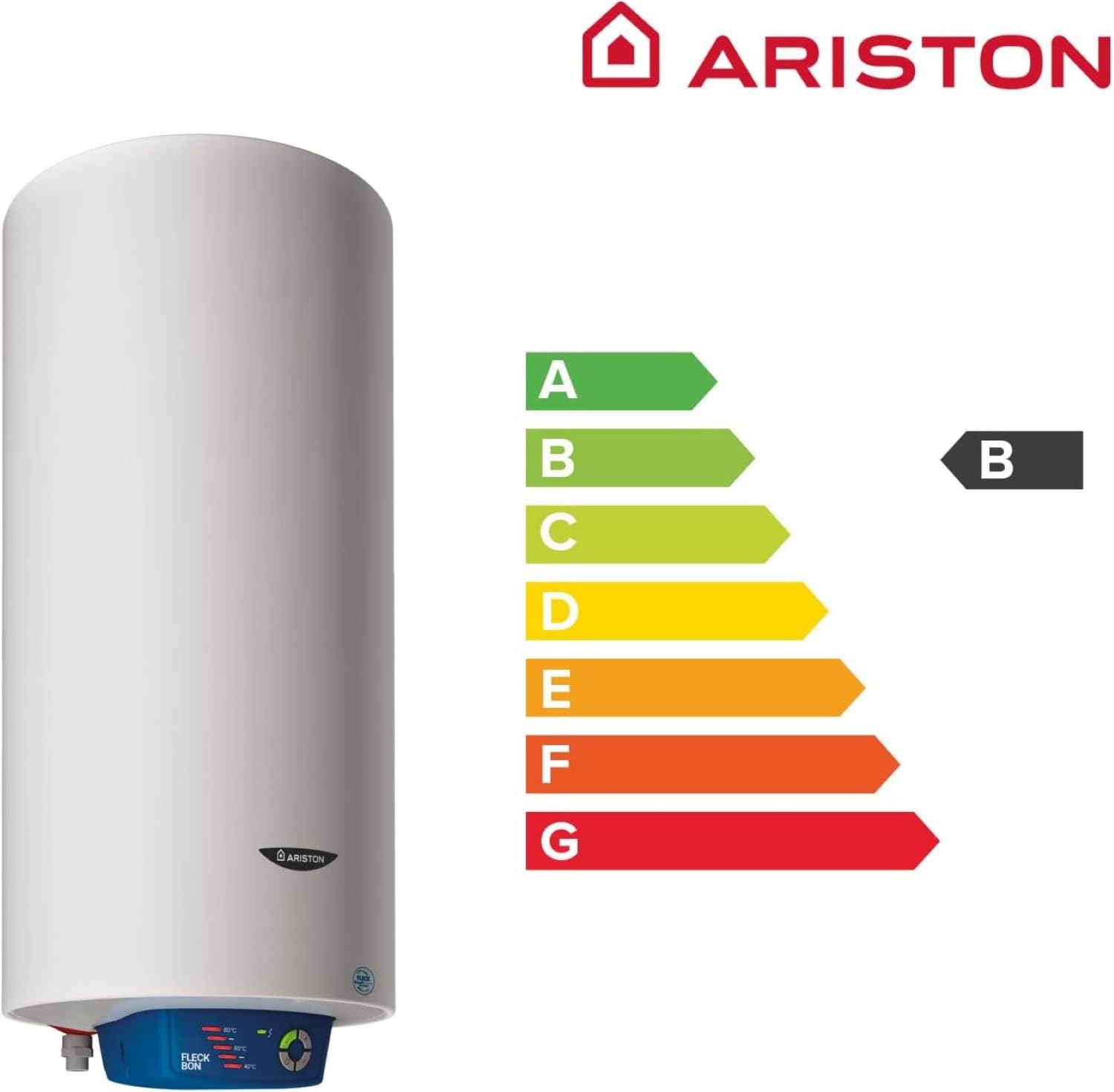 Ariston, Fleck Bon - Termo Eléctrico 50 Litros, Calentador de Agua Eléctrico Horizontal/Vertical Seguro y Eficiente 35.3x38x85.5cm, Calentadores para Instalación en España - Eficiencia B, Rango (A+/F)