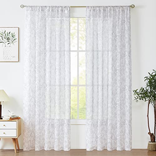 Vangao Farmhouse Sheer Curtains Grey Floral Printed 84 Inches Long 2 Panels Set for Living Room Bedroom Vintage Voile Rod Pocket Window Drapes - Thumbnail 2