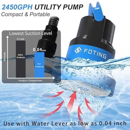 FOTING 1/2HP Submersible Water Pump with Stainless Steel Base - Removes Water to 0.04" Depth, 2450GPH Portable Sump Pump for Puddles, Pools, Boats, Gardens & Ponds - 10Ft Cord Included - Image 3