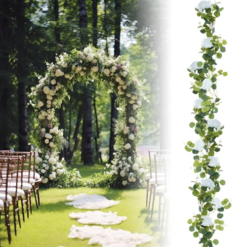 Guirnalda de eucalipto de 210 cm con 10 rosas blancas, ultra realistas, densas, guirnaldas artificiales de eucalipto, decoración de hojas, guirnalda de Navidad para bodas, decoración de mesa al aire