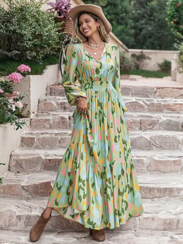 Image of SGF11 Floral Summer Dresses for Women 2026 Design Boho V Neck Short Sleeve Slit Maxi Dress Wear Casual