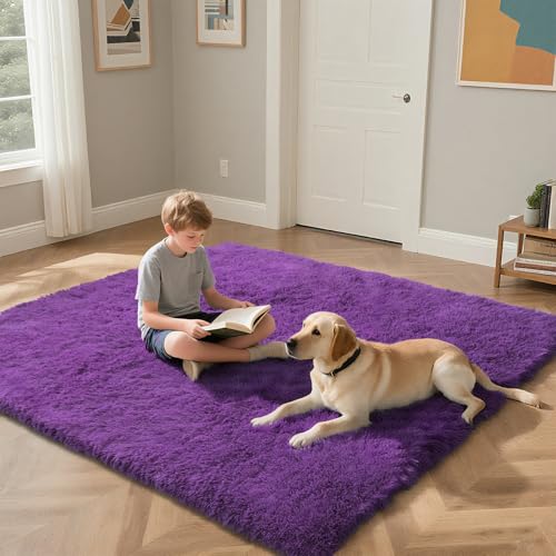 Purple Fluffy Rug Shaggy Area Rug, 3x5 Area Rugs for Girls Bedroom, Soft Cute Baby Play Mat, Indoor Floor Carpet for Teen, Nursery, Preppy Dorm, Plush Aesthetic Bedside Rug