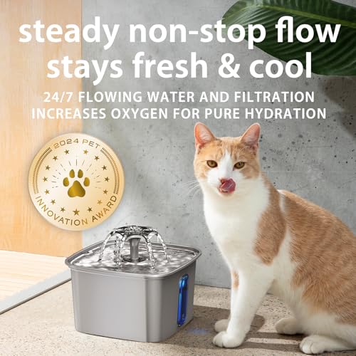 Image of Veken Innovation Award Winner Stainless Steel Cat Water Fountain, 108oz /3.2L Automatic Pet Fountain Dog Water Dispenser with 6 Replacement Filters & Silicone Mat for Cats, Dogs, Multiple Pets (Silver)