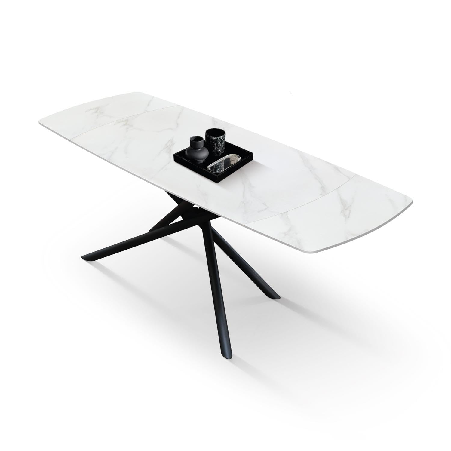 KONTE.DESIGN Tavolo BONIFACIO in ceramica bianco statuario e base in metallo verniciato nero, allungabile 160x90 cm - 240x90 cm
