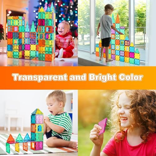 Image of ANVIE & ABEER Set of 80 Pcs Big (75mm) Magnetic Building Tiles for Kids, Educational Stacking Blocks for Boys Girls, Magnets Construction Toys, (Big Tiles Set of 80 PCS with 1 Car Chasis)