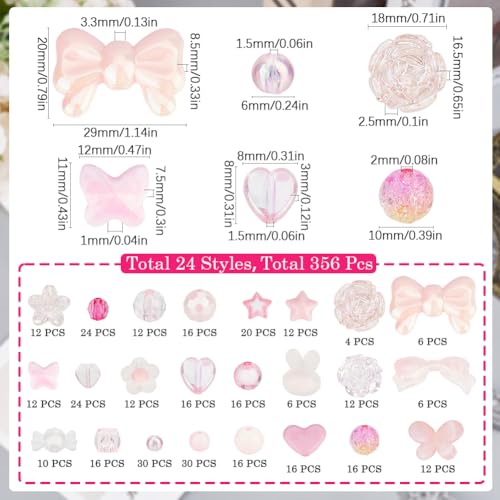 SOFPLATE 1 Box 356Pcs Acrylic Pink Assorted Beads Aesthetic Crystal Beads Bowknot Candy Butterfly Heart Flower Stars Cute Round Beads Kits for Bracelet Necklace Jewelry Making DIY Crafts Phone Charm - Image 2