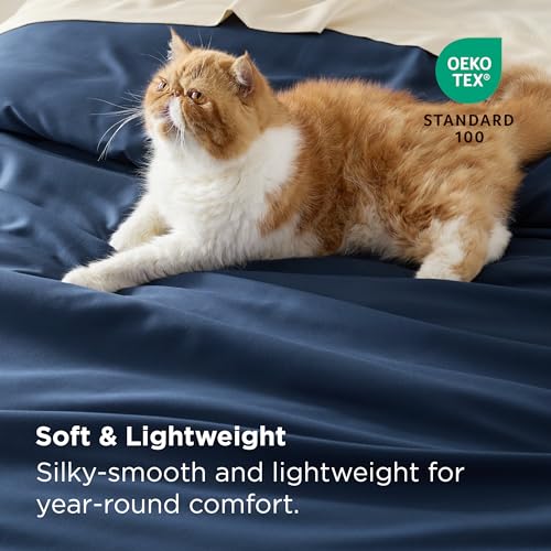 Bedsure Silky Cooling Duvet Cover Queen Size - 100% Rayon Derived from Bamboo Comforter Cover Set for Hot Sleepers, Breathable & Moisture-Wicking Bedding Set, Navy