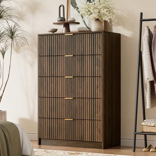 Image of Furniway 3 Piece Bedroom Set, 5 Drawer Dresser and Nightstand Set of 2 with Gold Handles, Modern Wood Chest of Drawers Storage Cabinet for Bedroom, Walnut