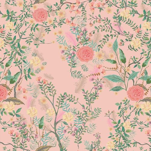 VEELIKE Peach Pink Floral Wallpaper Stick and Peel Vintage Chinoiserie Wallpaper for Bedroom Girls Room Bathroom 17.7''x118'' Self Adhesive Floral Contact Paper Pink Flower Wall Paper for Room Decor by VEELIKE - Used condition - US$18.39