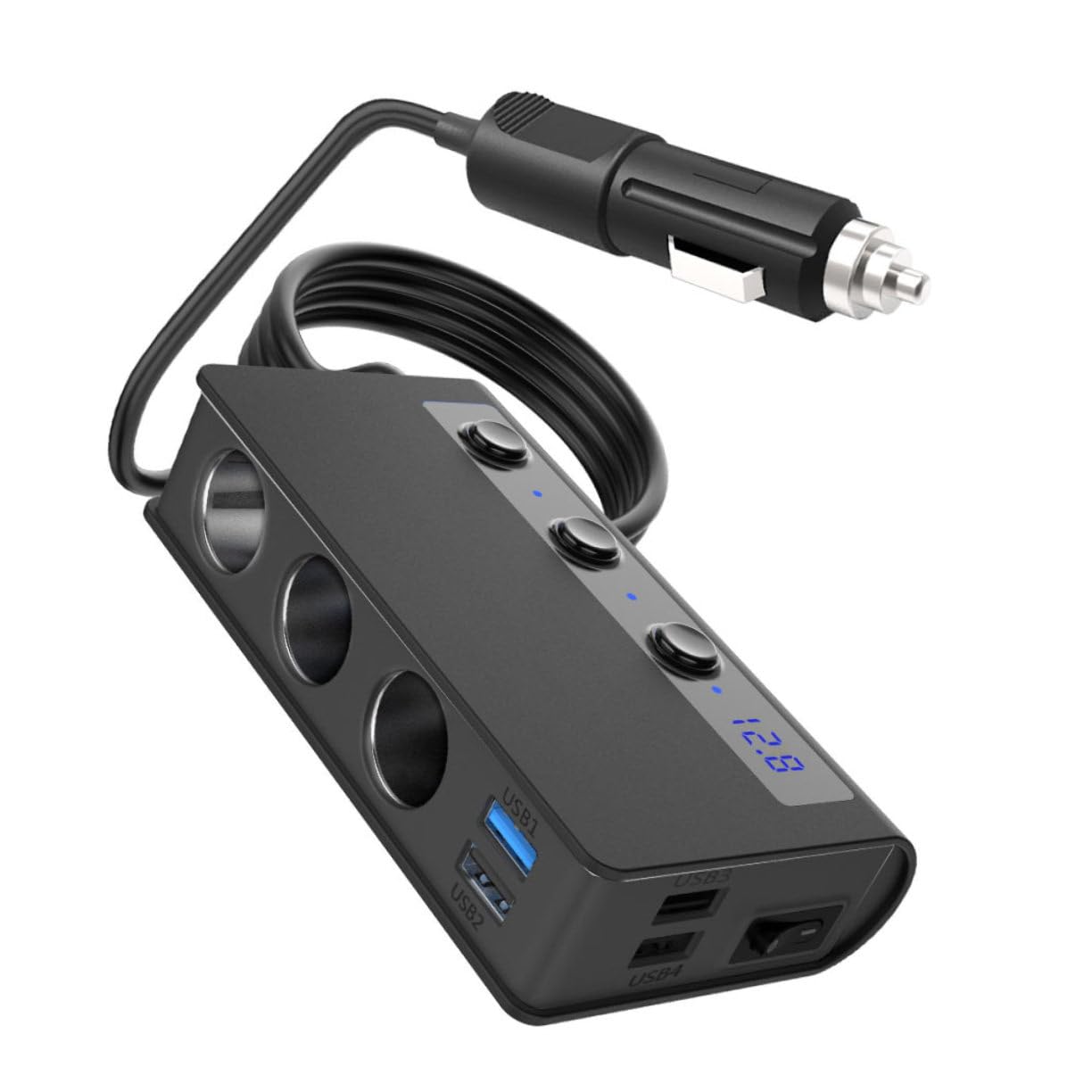Angoily Caricabatterie Auto e Adattatore Accendisigari 180w Max, 4 Porte Usb, Monitoraggio Tensione Batteria, Nero, per Auto e Telefoni