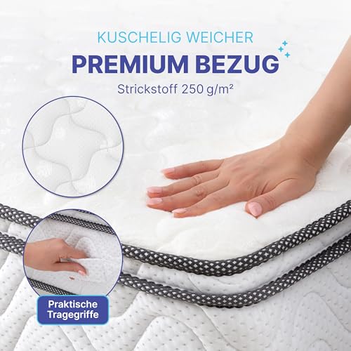 Arensberger Viktoria Matratze 140x200 cm | Federkernmatratze mit dynamischen Härtegrad (H2 H3 H4) und integriertem Topper | ergonomische Höhe 25cm | Taschenfederkern | 140x200cm Rollmatratze