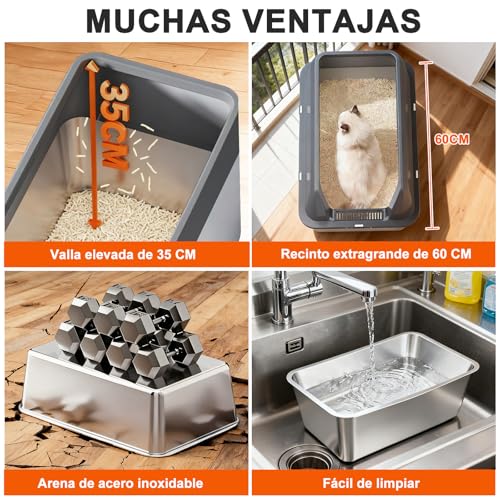 Arenero para Gato de Acero Inoxidable XL con Bordes Altos Antifugas y Accesorios - Imagen 2