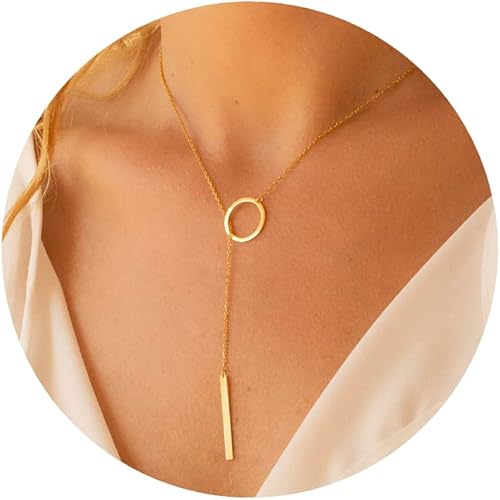 Fwlisesa Collar Lariat para mujer, delicado collar largo en capas de oro chapado en oro de 14 quilates, collar de gota de circonita cúbica simple de