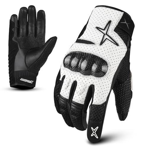aaasportx Premium Leather Breathable Motorcycle Gloves Men's Touchscreen Function - Carbon-Fibre Knuckle Protection Non-Slip Pads (Black/White, Large)