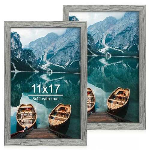 Image of Hongkee 11x17 Frame Set of 2, Rustic Grey Wood Style - Display 11 x 17 Poster without Mat or 8x12 Picture with Mat, Wall Mounting Horizontal and Vertical