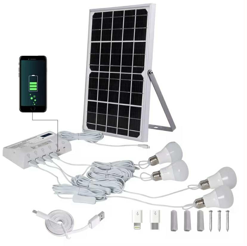 Kit d'Éclairage Solaire Portable, 4 Ampoules LED, Panneau Solaire avec Support, Chargeur USB