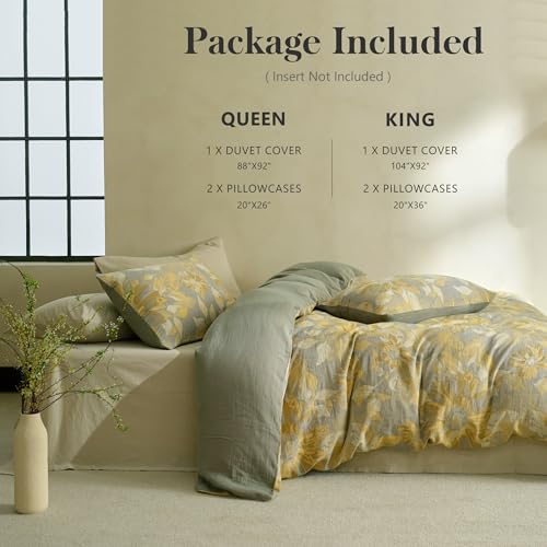 Simple&Opulence Muslin Duvet Cover Set King Size, 100% Washed Cotton 3 Pieces Yarn-Dyed Vintage Yellow Floral Jacquard Textured Bedding, Soft & Breathable Gauze Comforter Cover with Zipper Closure - Image 6