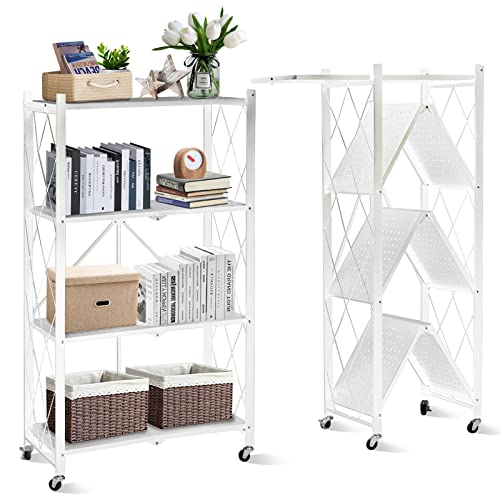 SKY-TOUCH Foldable Storage Organizer 4 Tier Storage Shelves Kitchen Cabinet Storage Rack Shelf Storage Multipurpose Rack for Living Room Bedroom Kitchen Garage White