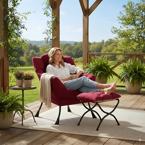 Image of LITA Lazy Chair with Ottoman, Modern Accent Leisure Upholstered Sofa Chairs, Contemporary Lounge Reading Chairs with Armrests and a Side Pocket for Living Room, Bedroom & Small Space, Burgundy