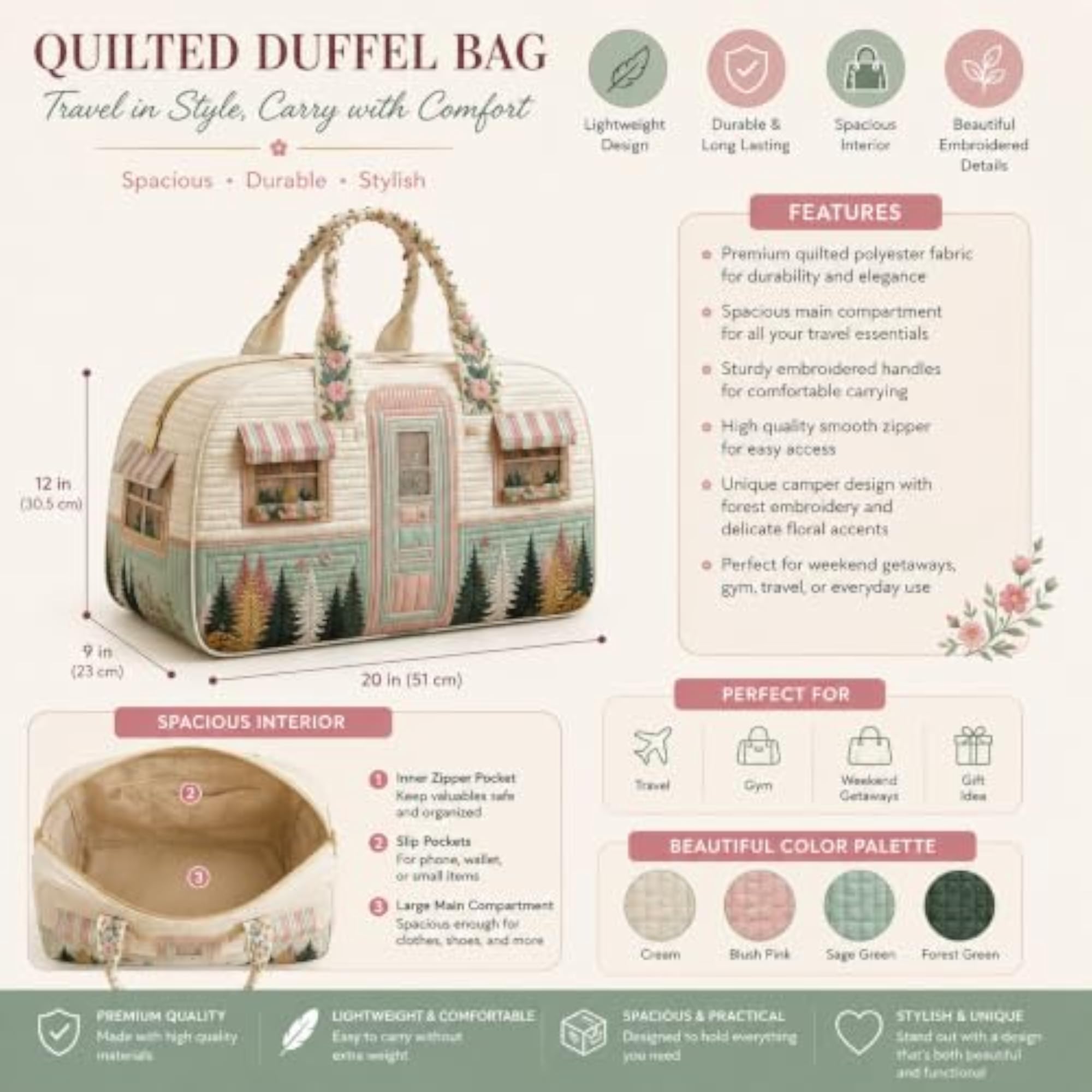 Travel Duffel Bag with Floral Design, Lightweight and Spacious