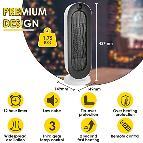 COOCHEER Keramische ventilatorkachel, 2000 W, 3 modi, thermostaat, 12-uurs timer, kantelbeveiliging, 100 graden oscillatieverwarming, voor thuis en op kantoor - Afbeelding 3