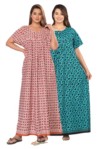 Image of Kuruti B Sheets Cotton Nighty for Women Jaipuri Print 2 Button Round Neck Short Sleeve Night Gown | Maxi Dress