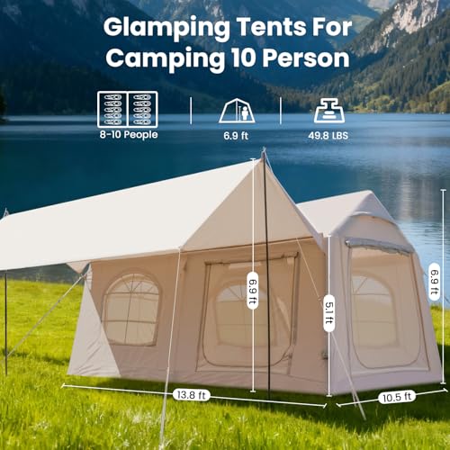 Image of Inflatable Tents for Camping, Blow Up Tent with Hand Pump, Easy Setup Inflatable Hot Tent with Stove Jack, Waterproof Oxford Air Glamping Tents for Camping Adult 4 /6 /8 /10 /12 Person Upgrade Version