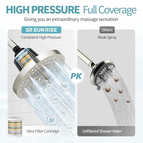 Image of SR SUN RISE Filtered Shower Head with Filters, 20-Stage Shower Head Filter for Hard Water, High Pressure Showerhead with Easy-Replace Cartridge to Remove Chlorine (7-Inch, Brushed Nickel)