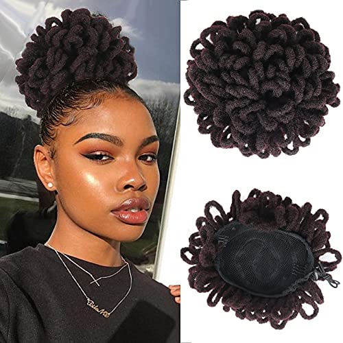 LEOSA Dreadlocks Bun Pony tail Hair Extainson 99j Dreadlock Bun Drawstring Ponytail Faux Locs Bun Hair Pieces for Women Afro Puff Drawstring Ponytail Braided Bun Maker for Hair Extensions Ponytail