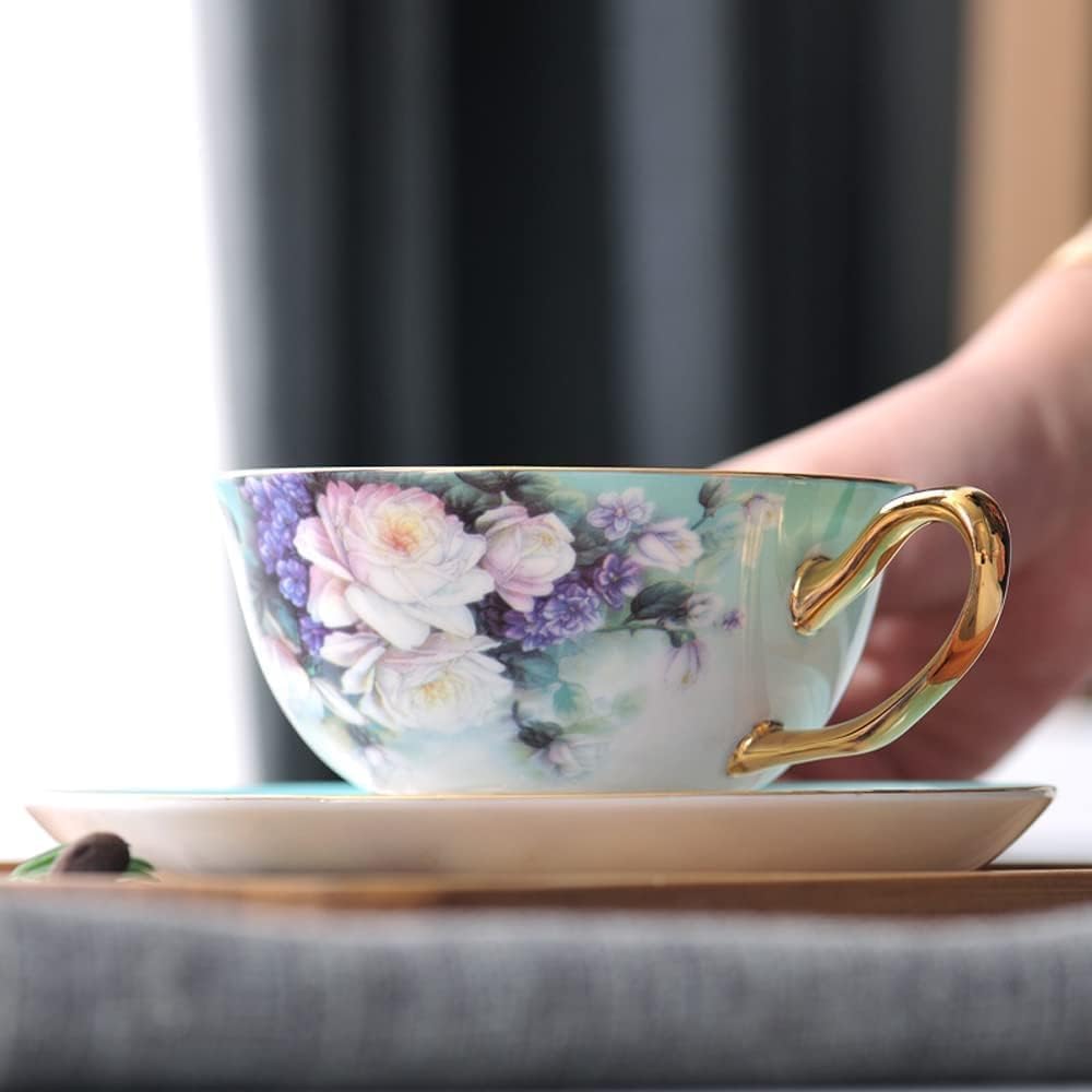 Zestawy kubków i talerzyków 7,5oz Kwiatowe Filiżanki Do Herbaty Ze Złotym Wykończeniem I Łyżeczką, Ceramiczny Kubek Do Kawy Na Prezent Na Wesele