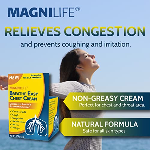 Image of MagniLife Breath Easy Chest Cream, 4 oz, Cough & Muscle Pain Relief Cream for Adults, Chest Rub for Mucus Removal and Nasal Congestion Relief, Natural Topical, Unscented