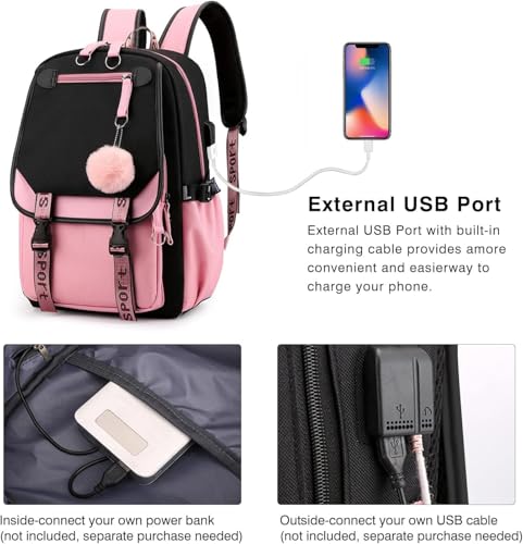 Digi4U Girls Backpack Middle School Students Bookbag with Lunch Box Set,School Backpack with USB Charge Port for Teens Girls Women 3+ Years(Blackpink)3