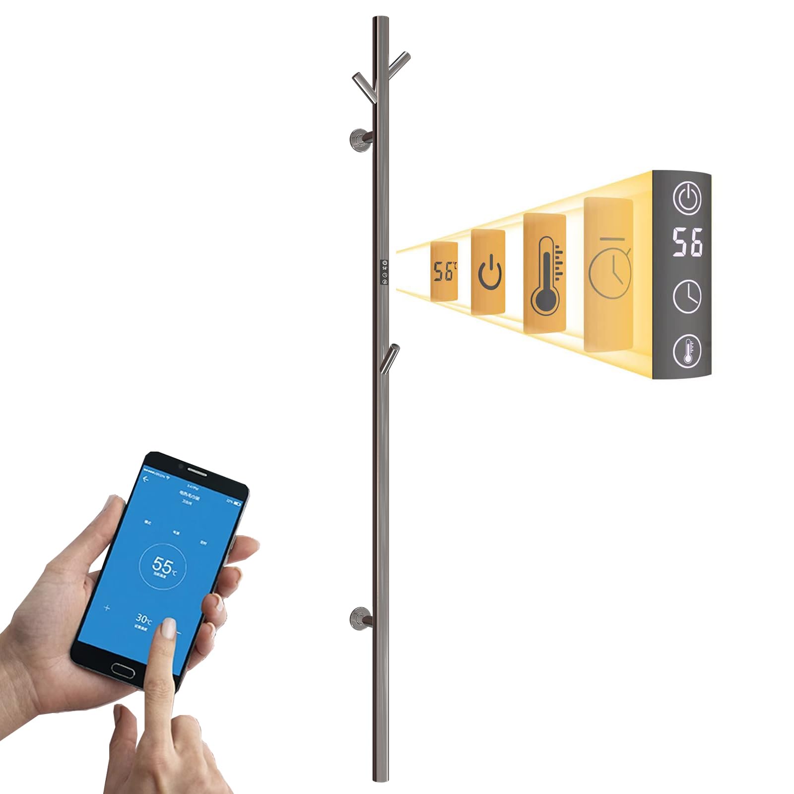 ESOP Sèche-Serviette Électrique Chromé, 30 W Chauffe-Serviettes 1525×65mm WiFi Intelligent Porte-Serviettes Chauffant Électrique Mural Commande Tactile à LED Radiateur de Salle de Bain avec 3 Patère