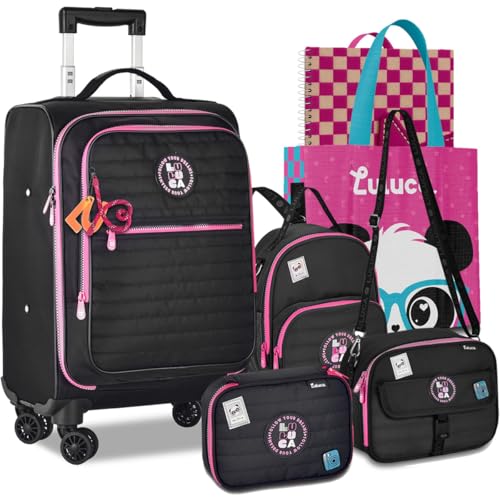Kit Mala Mochila Escolar Luluca Carrinho 360 Lancheira Estojo Rodinhas Resistente Reforçada (Preto)