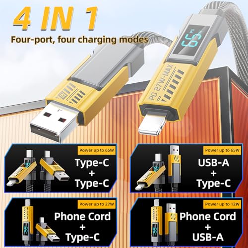 4-in-1 USB C câble avec affichage de puissance, 65W 3A Câble à charge multiple en Nylon plat avec Synchronisation de données,USB A/C à USB Port C/L compatible avec iPhone 17/16/15/MacBook/Tablet/Samsung S25 Téléphone & Encore, 2M