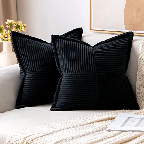 MIULEE Corduroy Cushion Covers Pack of 2 Decorative Modern Patchwork Throw Pillow Covers Soft Pillowcase Cushions for Home Spring decor Sofa Couch with Invisible Zipper 20x20 Inch Black