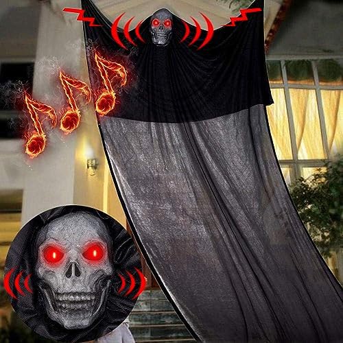 13ft Halloween Ghost Hanging Decorations with LED Light-up Red Eyes, Scary Creepy Indoor Outdoor Decor (LED Light & Voice)